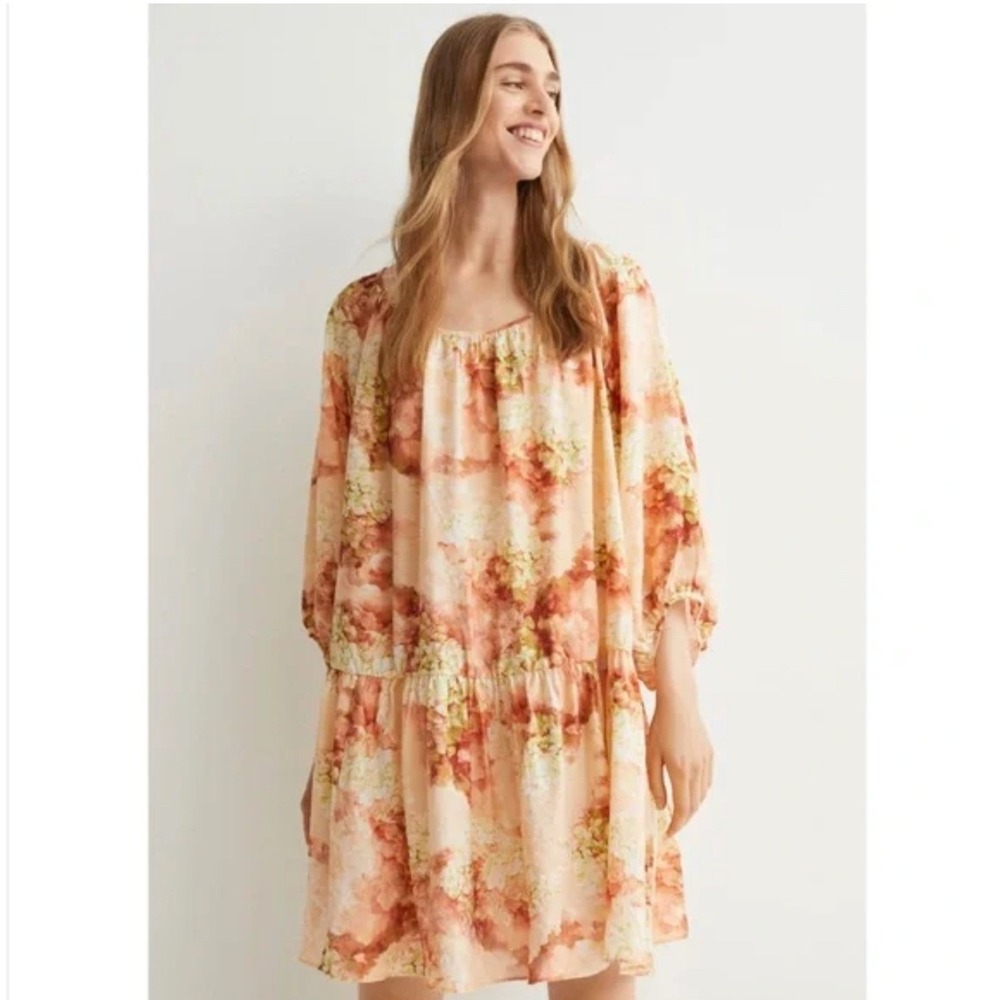 H&M SpringAiry Dress Drop Waist Peplum Hem Hydrangea Floral Print SZ‎ M Spring